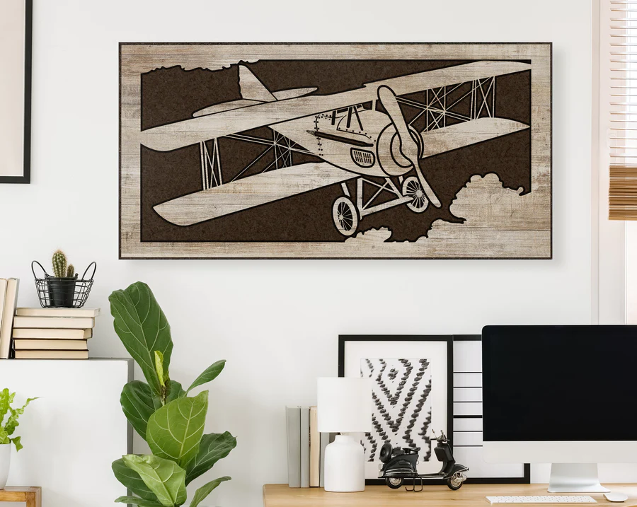 Large airplane art on the living room wall